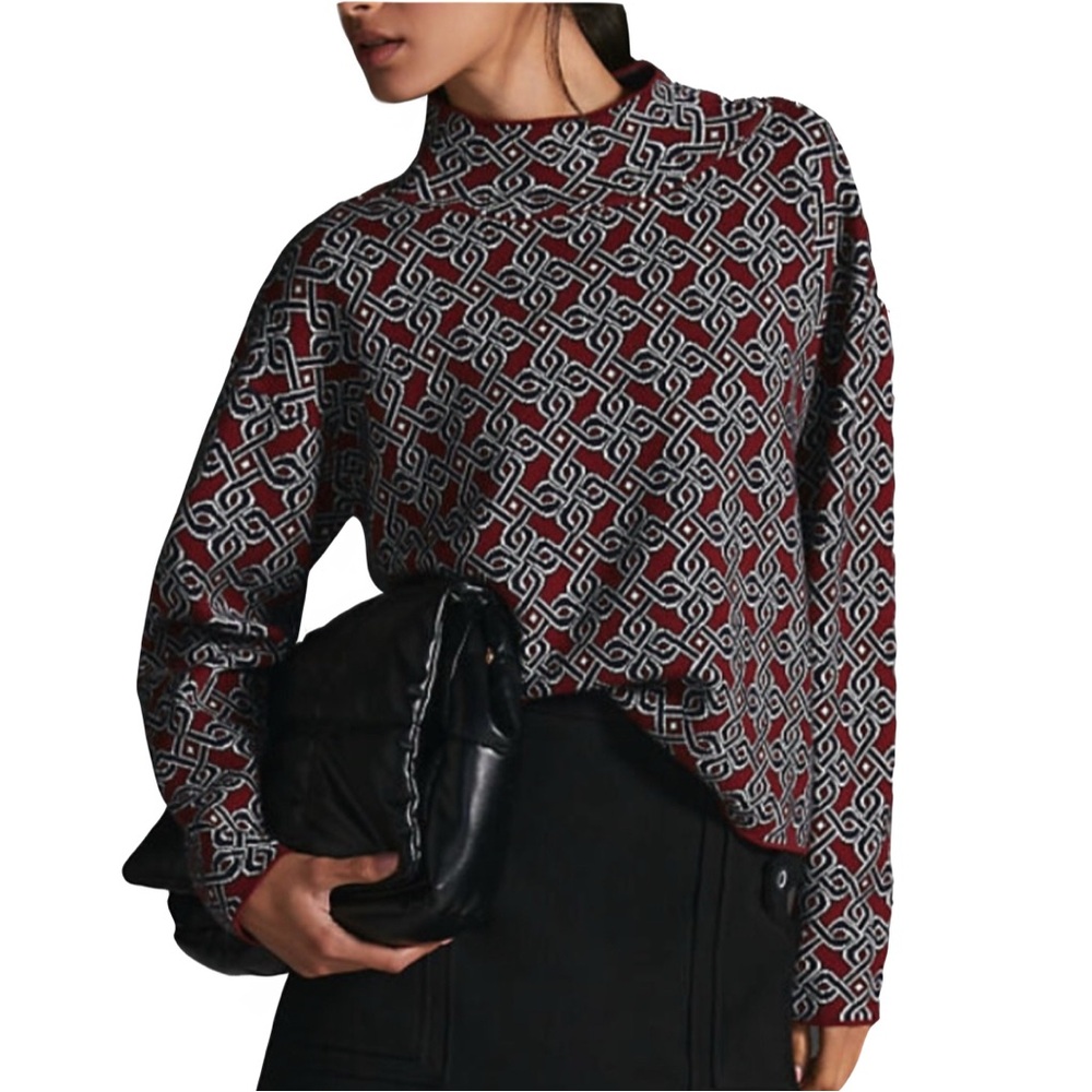 Anthropologie Maeve Sweater Large The Cary’s Maroon Black Print Relaxed Fit NWT
